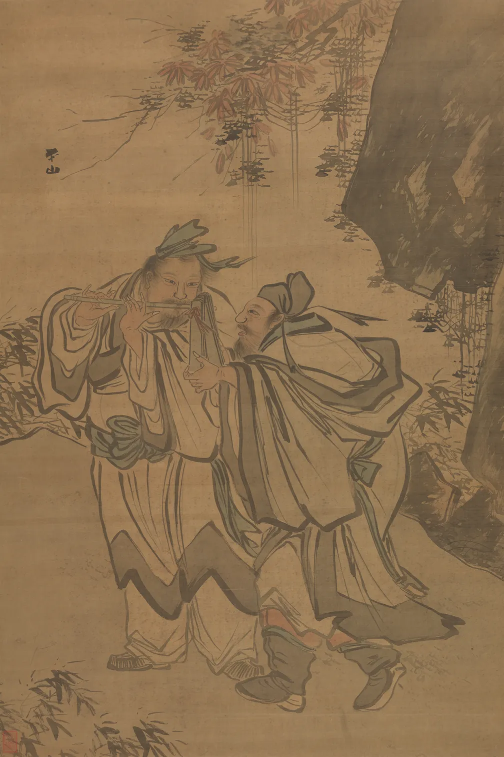 Vertical ink-and-color painting on a tan silk ground showing two robed figures standing outdoors beneath a large tree. 