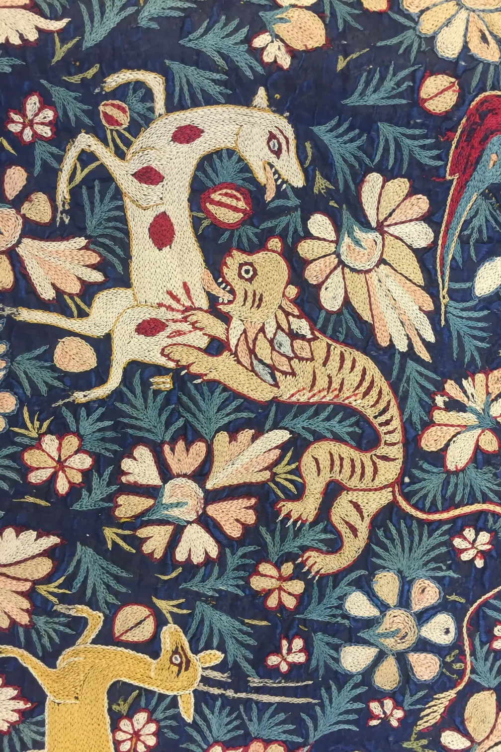 Detail, Colcha, Silk embroidery on silk cloth, Philadelphia Museum of Art Collection