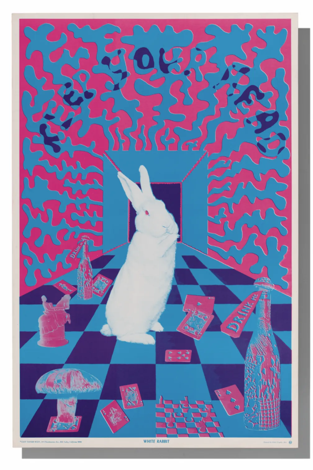 Psychedelic poster featuring a white rabbit in a blue-and-pink checkerboard room, surrounded by playing cards, bottles, a chessboard, and mushroom-like objects against a vibrant abstract background.