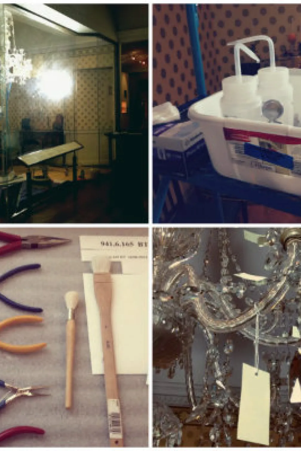 Emily nettoie le lustre néoclassique avec ses outils et ses fournitures. Photos de Jaime Clifton-Ross
