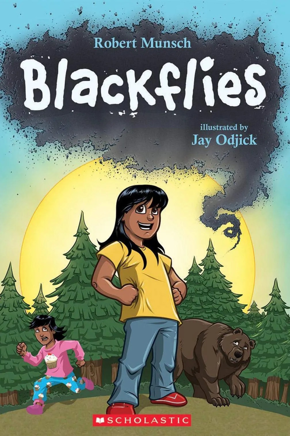 a young indigenous girl stands beneath a cloud of blackflies. Behind her are a frightened younger girl and a frightened bear.
