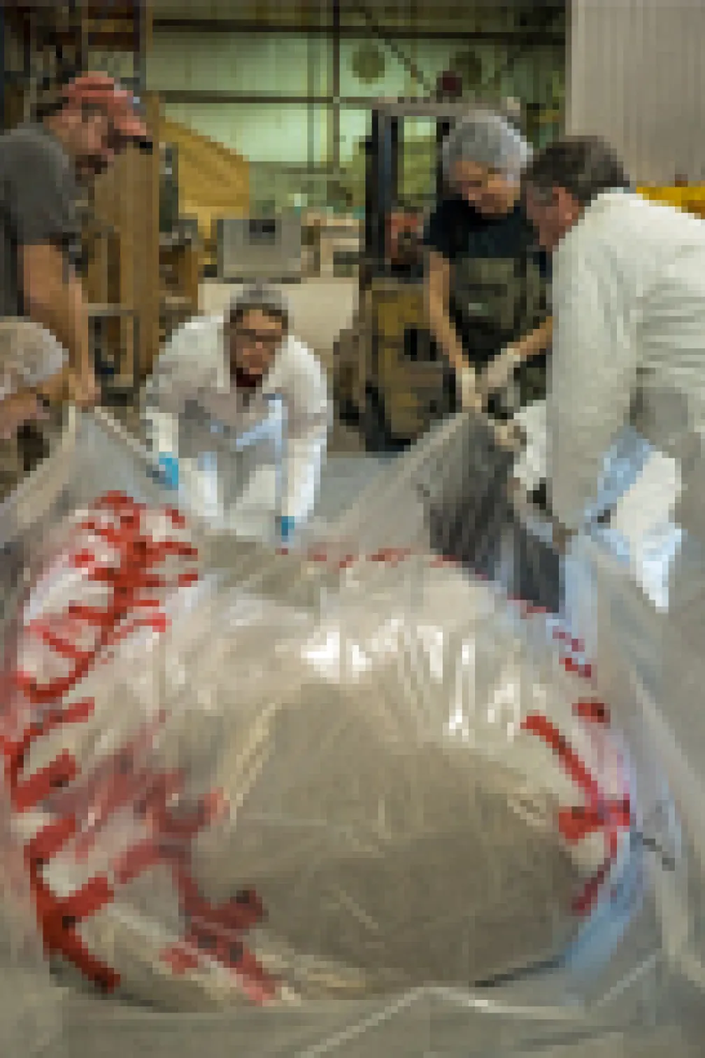 ROM research technicians wrap the blue whale heart in plastic.
