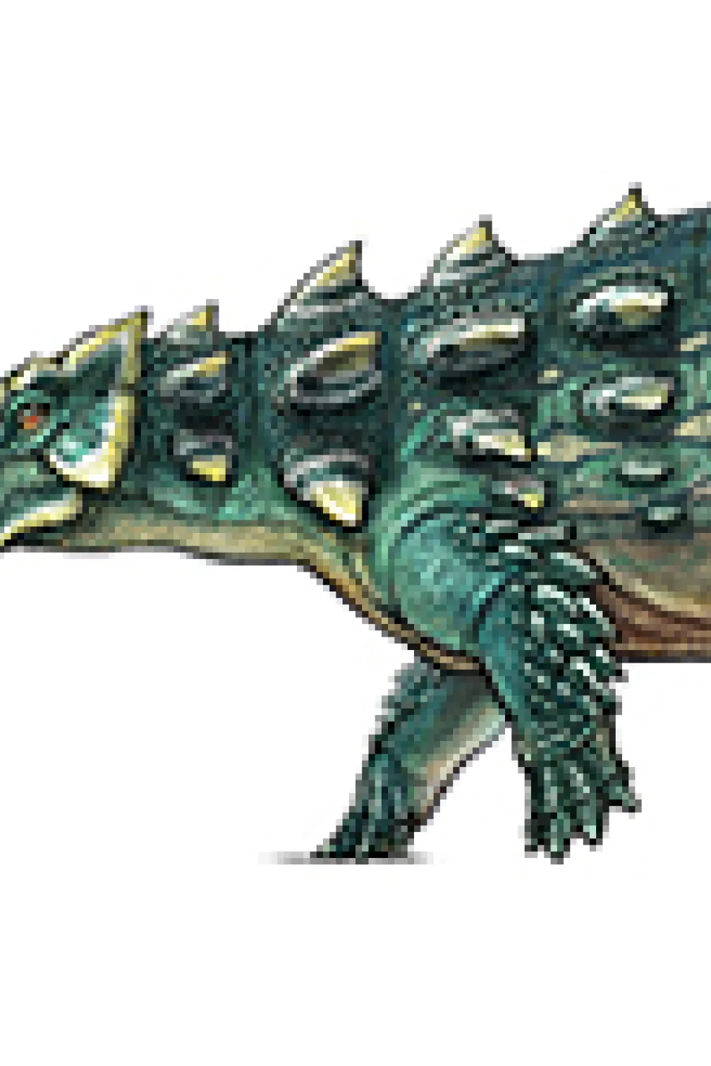 A colour illustration of a long, thin dinosaur with green, armoured skin
