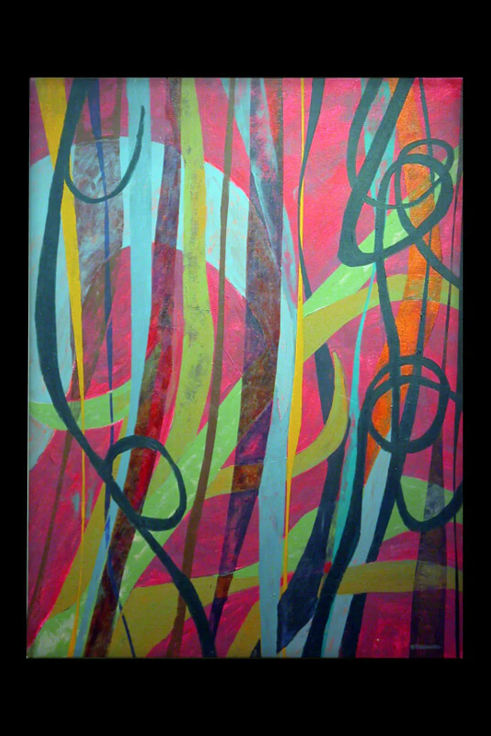 Acrylic painting on canvas; lines of pink, green, and blue.