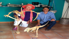 Helen Hatton with wooden dinosaurs in Mexico