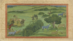 Painting of figures standing in a green landscape