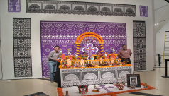 The ofrenda in all its glory with Arturo Estrada Hernández (left) and its creator Sergio Alejandro Hernández Martínez (right) in the ROM’s Roloff Beny Gallery on Level 4.