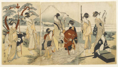 Hawking Party in Front of Mount Fuji; Kitagawa Utamaro (1754-1806); Paper, Oban triptych format, woodblock-printed with seven colours; Japan; Edo period; circa 1790 AD, ca 1800; 926.18.424; Length 58cm; Width 95cm
