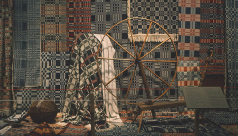 Photograph of textiles behind a spinning wheel
