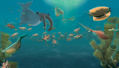 Illustration en couleur représentant un paysage marin fourmillant de créatures marines primitives.