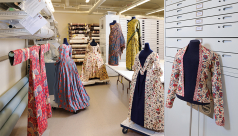 Seven chintz dresses on display in the museum's curatorial workspace.