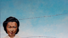 Painting of young girl in front of blue sky and a piece of barbed wire across her face by Lillian Michiko Blakey.