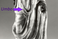Le mot « umbo » et la flèche indiquent où se trouvent les plis principaux de la toge sur une statue sans tête.