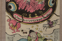 A print showing a man dreaming of a farting god and a person on horesback beneath the smiling face of a giant catfish