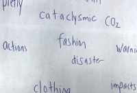 Paper with the written words pretty, cataclysmic, CO2, actions, fashion, disaster, warning, clothing, impacts