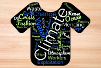 A word cloud in the shape of a T-shirt featuring words related to fast fashion and climate change