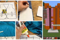 Progress photos of lifers in different media, including drawing with markers, tailoring with fabric scraps, and building in Minecraft.