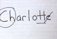 Drawing of the name Charlotte with the ch circled, double letters underlined, and e crossed out.