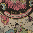 A print showing a man dreaming of a farting god and a person on horesback beneath the smiling face of a giant catfish