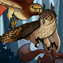 an animated hawk and owl fight over a squirrel