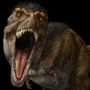 A roaring T. rex against a dark background