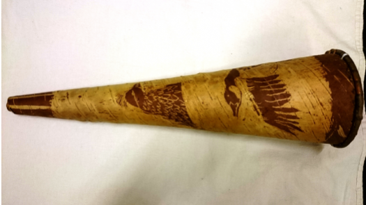 a cone of wood with images of geese and wild fowl