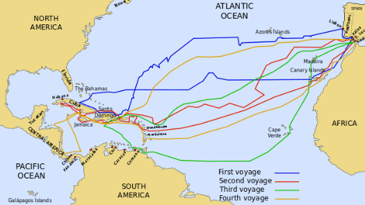 a map showing the four voyages of Columbus