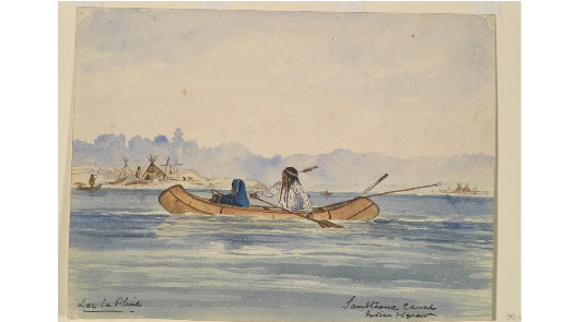 a painting of two people in a canoe