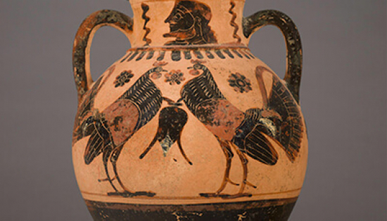 Attic black-figure amphora with pairs of cocks and lions.