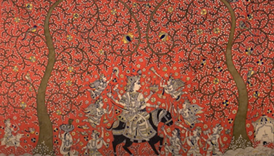 Kirit Chitara textile hanging, featuring the Hindu goddess Durga.