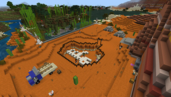 A minecraft screenshot showing a partially-uncovered dinosaur skeleton in a desert surrounded by a field camp.