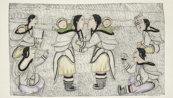Napachie Pootoogook (1938-2002), Untitled (Kattajjaq Performers and Women Sitting), 2000, felt-tip pen, coloured pencil on paper mounted on cardboard, 38.8 x 60.4 cm. Collection of Jean-Jacques Nattiez. © Reproduced with the permission of Dorset Fine Arts. Photo MMFA, Christine Guest 