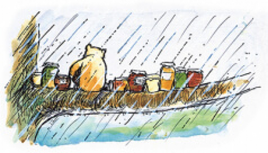 Illustration of Pooh and ten pots of honey.