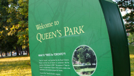 Trees for Toronto sign installed in Queen's Park.