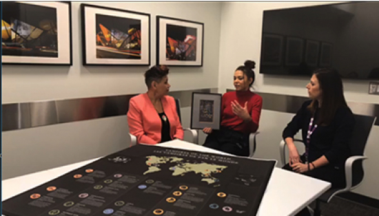 Three people sit around a table. On the table is a map showing stories of blood-feeding creatures and their origins around the world. Thée Wind Dancer holds a framed picture of the Wild Woman of the Wood.