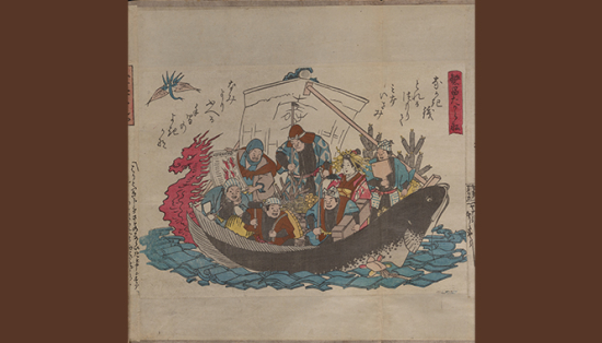A crowd of prosperous earthquake survivors are crowded in a overloaded boat resembling a catfish.