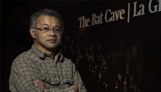 Curator Burton Lim standing in front of the Bat Cave at the ROM.