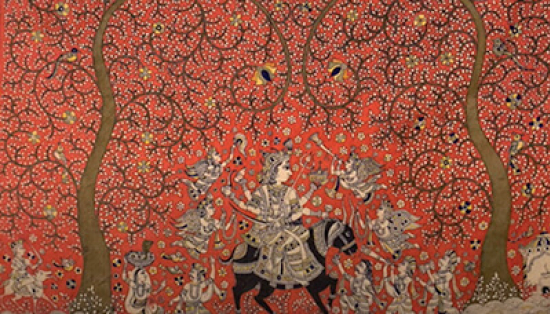 Detail of textile hanging featuring the Hindu goddess.