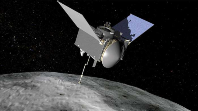 2016-09-30 - OSIRIS-REx extends its sampling arm as it moves in to make contact with the asteroid Bennu. (Credit: NASA/Goddard Space Flight Center)