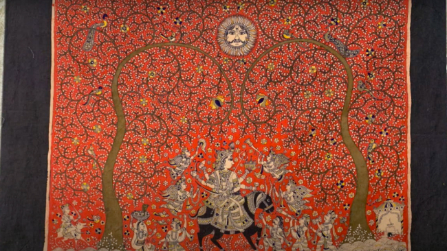 Detail of textile hanging featuring the Hindu goddess.