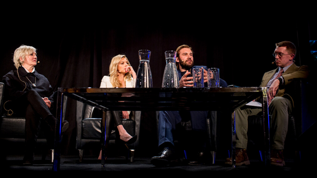 Neil Price with Sheila Hockin, Clive Standen, and Katheryn Winnick on stage.