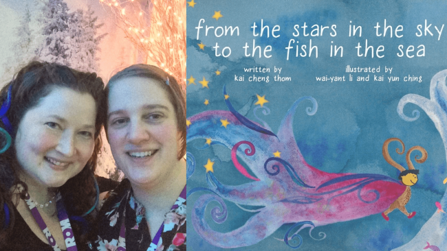 Sarah Elliott and Julie Tomé with From the Stars in the Sky to the Fish in the Sea book cover.