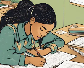 Image générée de manière procédurale d'un élève effectuant un travail de mathématiques à un bureau.