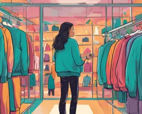 Illustration générée de manière procédurale d'une adolescente faisant du shopping dans un magasin de vêtements.