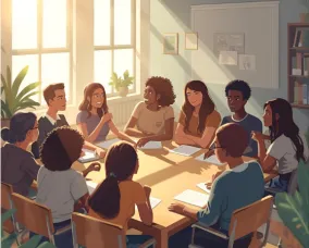 A group of students sit around a table in a sunny classroom having a discussion