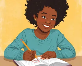 A smiling student with brown skin and curly black hair circles a sentence in a notebook on a desk in front of them.