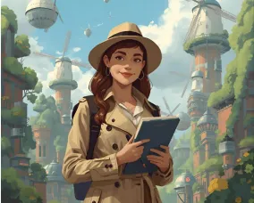 A smiling student dressed in a trenchcoat and fedora holding a notebook stands in front of a futuristic lush solarpunk city.