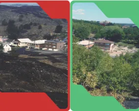 A red frame shows a scene of a town between two hills covered with dead, sparse vegetation. A green frame shows the same town surrounded by lush trees and vegetation.
