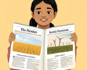 A smiling young student holds up a newspaper with pictures of an empty field and a field of windmills.