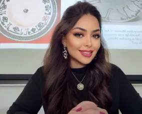 A woman with long dark hair, brown eyes, and tan skin is wearing a black long-sleeved shirt. She smiles broadly and has her hands folded in front of her. Behind her are images of plates with intricate designs along the edges.
